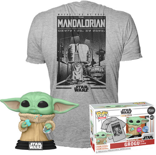 FUNKO POP! & TEE – STAR WARS THE MANDALORIAN GROGU WITH COOKIE – T-SHIRT BUNDLE (SIZE S)
