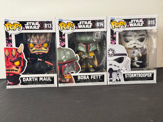 FUNKO POP STAR WARS IMPRESSIONS ART SERIES COLLECTOR 3-PACK WITH SOFT PROTECTORS | DARTH MAUL 813, BOBA FETT 814, STORMTROOPER 815