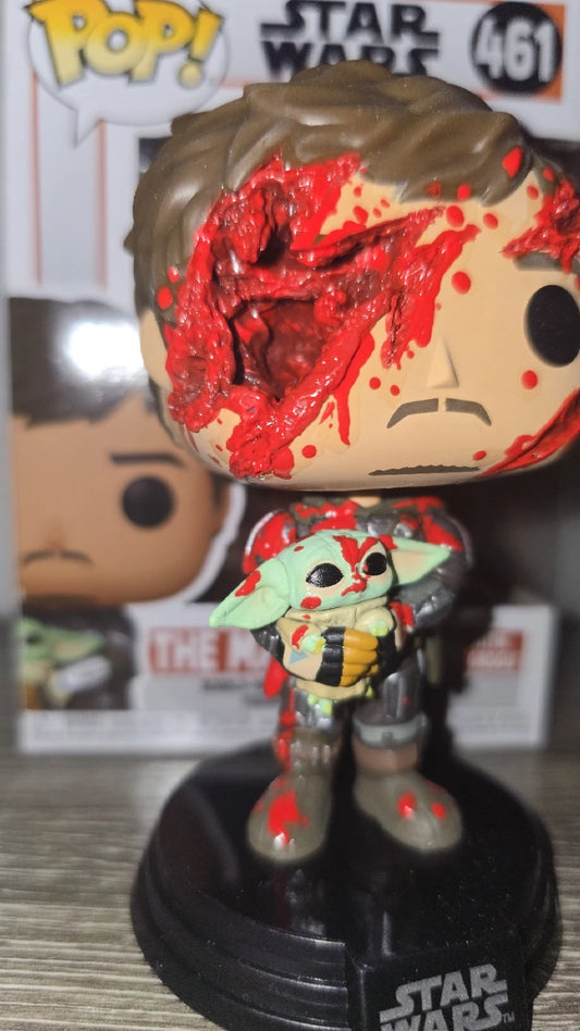 Custom Star Wars Mandalorian w/ Grogu Battle Damaged Funko Pop – Hard Stack Included – Free Shipping